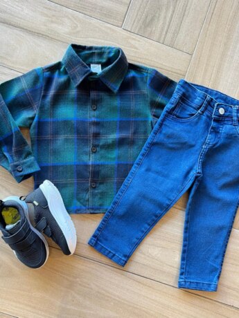 Camisa Infantil Masculina Manga Longa Xadrez Flanelada Azul Fernanda Ramos Kids