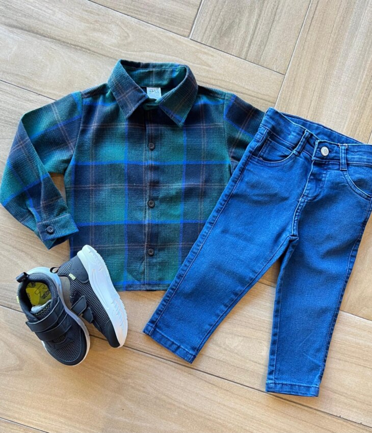 Camisa Infantil Masculina Manga Longa Xadrez Flanelada Azul Fernanda Ramos Kids