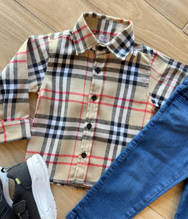 fernandaramoskids com br Camisa Infantil Masculina Manga Longa Xadrez Flanelada Bege1