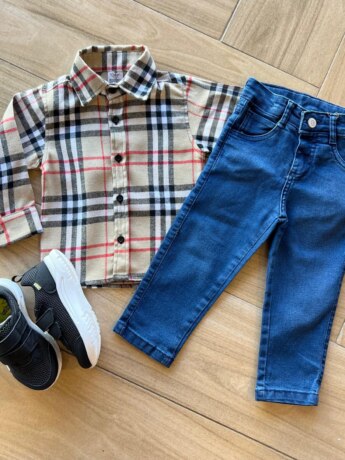 Camisa Infantil Masculina Manga Longa Xadrez Flanelada Bege Fernanda Ramos Kids