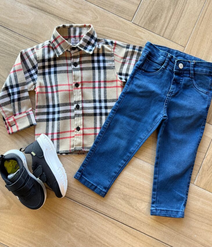 Camisa Infantil Masculina Manga Longa Xadrez Flanelada Bege Fernanda Ramos Kids