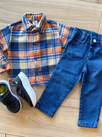 Camisa Infantil Masculina Manga Longa Xadrez Flanelada Caqui Fernanda Ramos Kids