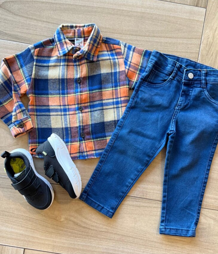 Camisa Infantil Masculina Manga Longa Xadrez Flanelada Caqui Fernanda Ramos Kids
