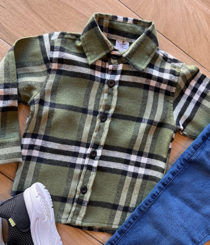 fernandaramoskids com br Camisa Infantil Masculina Manga Longa Xadrez Flanelada Verde Militar1