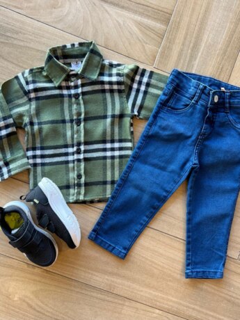 Camisa Infantil Masculina Manga Longa Xadrez Flanelada Verde Militar Fernanda Ramos Kids