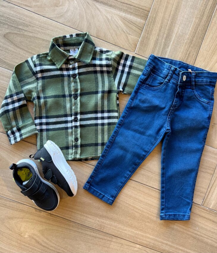 Camisa Infantil Masculina Manga Longa Xadrez Flanelada Verde Militar Fernanda Ramos Kids