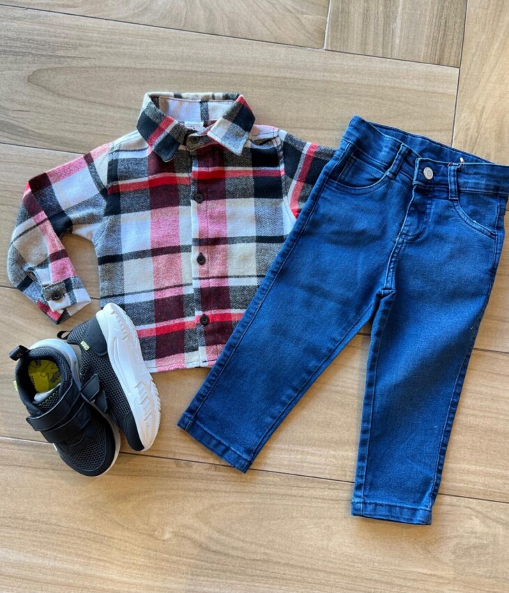 Camisa Infantil Masculina Manga Longa Xadrez Flanelada Vermelha Fernanda Ramos Kids