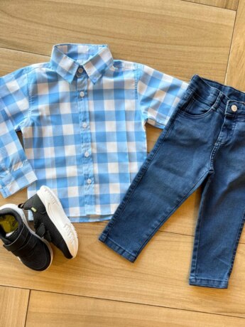 Camisa Infantil Masculina Manga Longa Xadrez Azul Claro Fernanda Ramos KIds