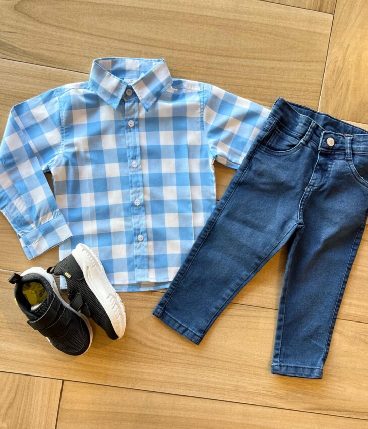 Camisa Infantil Masculina Manga Longa Xadrez Azul Claro Fernanda Ramos KIds