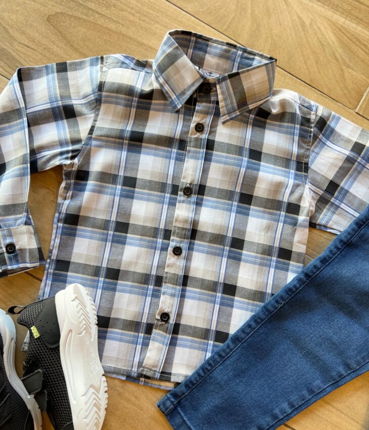 fernandaramoskids com br Camisa Infantil Masculina Manga Longa Xadrez Preta e Azul1
