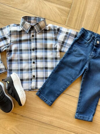 Camisa Infantil Masculina Manga Longa Xadrez Preta e Azul Fernanda Ramos KIds