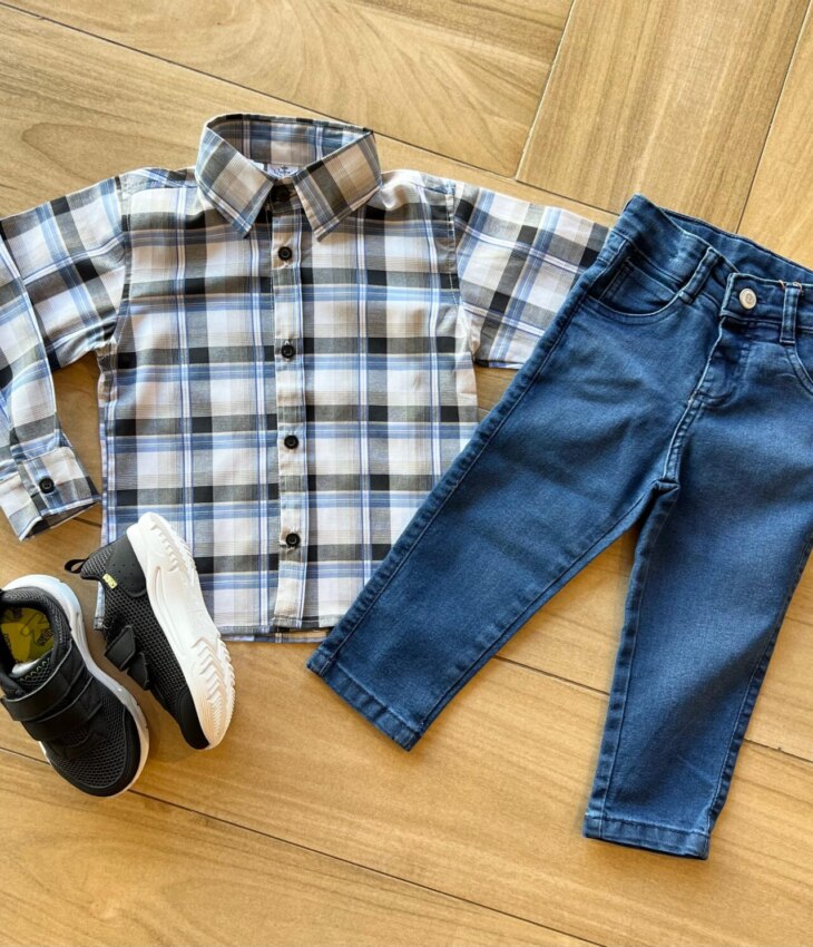Camisa Infantil Masculina Manga Longa Xadrez Preta e Azul Fernanda Ramos KIds