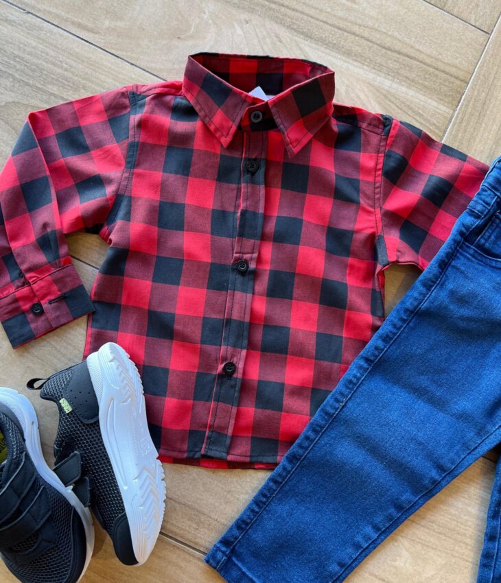 fernandaramoskids com br Camisa Infantil Masculina Manga Longa Xadrez Vermelho1