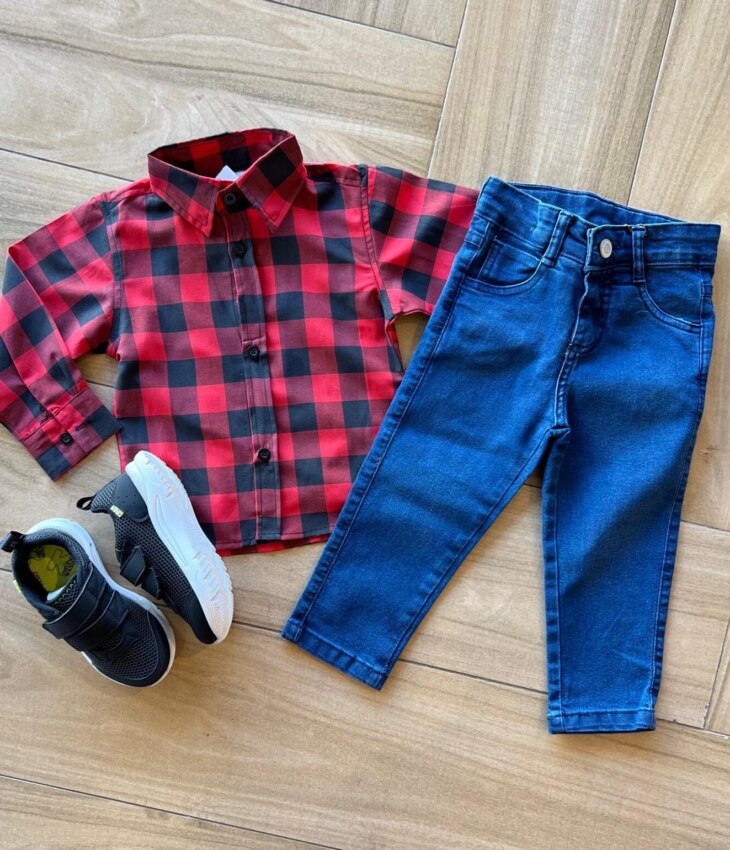 Camisa Infantil Masculina Manga Longa Xadrez Vermelho Fernanda Ramos Kids