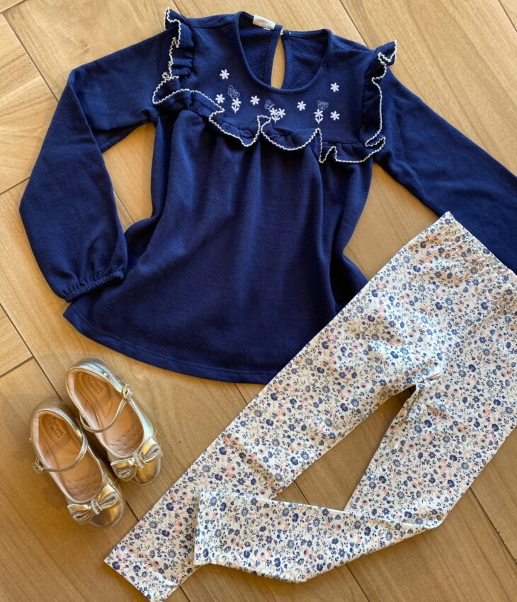 fernandaramoskids com br Conjunto Infantil Feminino Blusa Bata Azul e Legging Estampada1