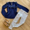 Conjunto Infantil Feminino Blusa Bata Azul e Legging Estampada Fernanda Ramos Kids