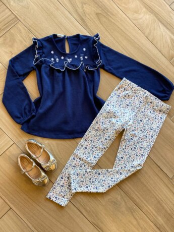 Conjunto Infantil Feminino Blusa Bata Azul e Legging Estampada Fernanda Ramos Kids