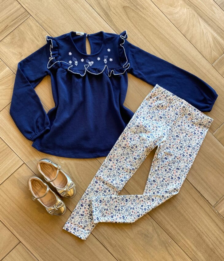 Conjunto Infantil Feminino Blusa Bata Azul e Legging Estampada Fernanda Ramos Kids