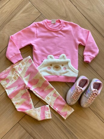 Conjunto Infantil Feminino Blusa Bolso Ursinho e Legging Estampada Fernanda Ramos Kids