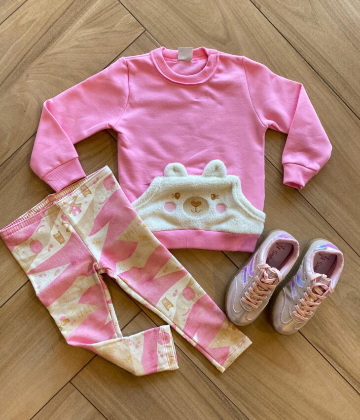 Conjunto Infantil Feminino Blusa Bolso Ursinho e Legging Estampada Fernanda Ramos Kids