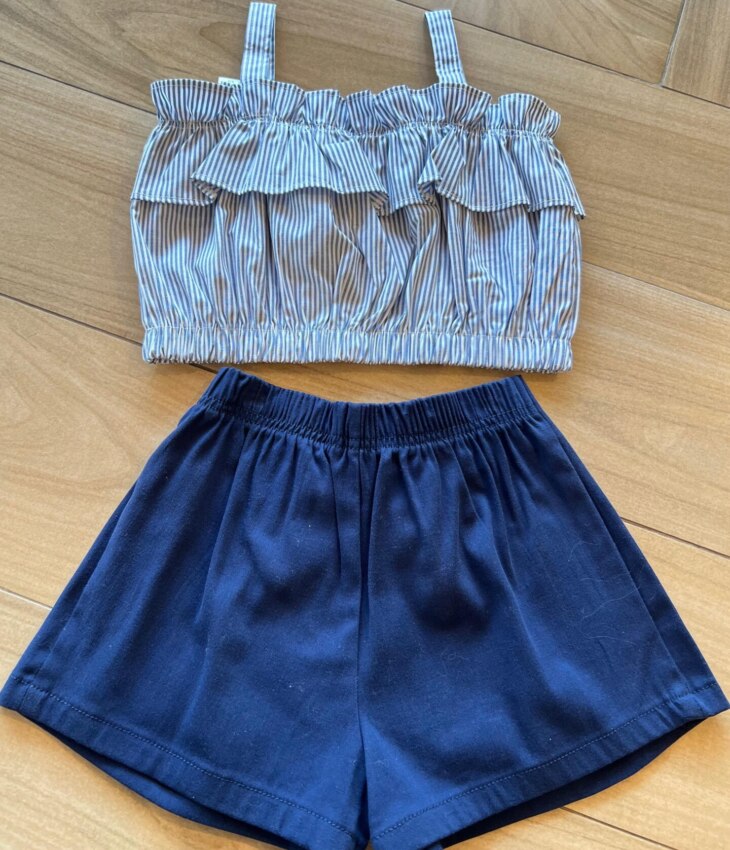 Conjunto Infantil Feminino Blusa Cropped Listrada e Short Azul Fernanda Ramos Kids