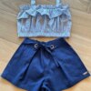 Conjunto Infantil Feminino Blusa Cropped Listrada e Short Azul Fernanda Ramos Kids