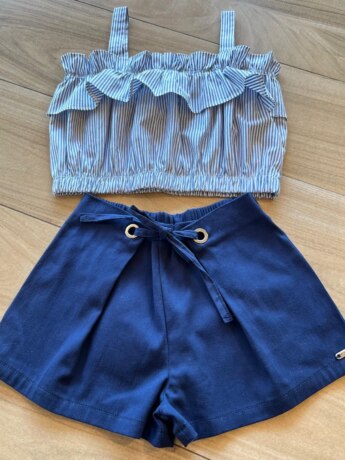 Conjunto Infantil Feminino Blusa Cropped Listrada e Short Azul Fernanda Ramos Kids