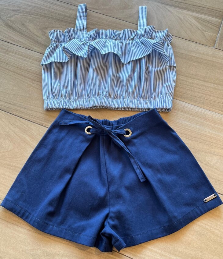 Conjunto Infantil Feminino Blusa Cropped Listrada e Short Azul Fernanda Ramos Kids
