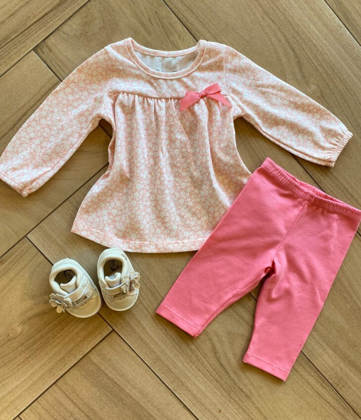 Conjunto Infantil Feminino Blusa Meia Malha Flor e Legging Rosa Fernanda Ramos Kids