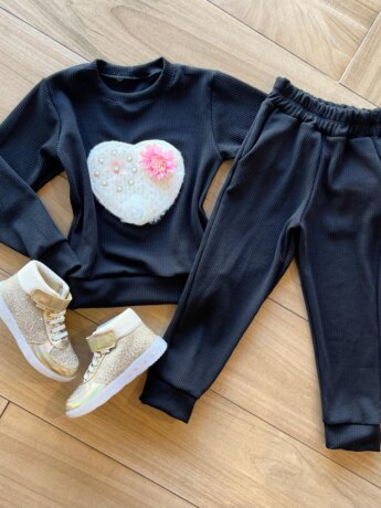 Conjunto Infantil Feminino Canelado Blusa Manga Longa e Calça Preto Fernanda Ramos Kids