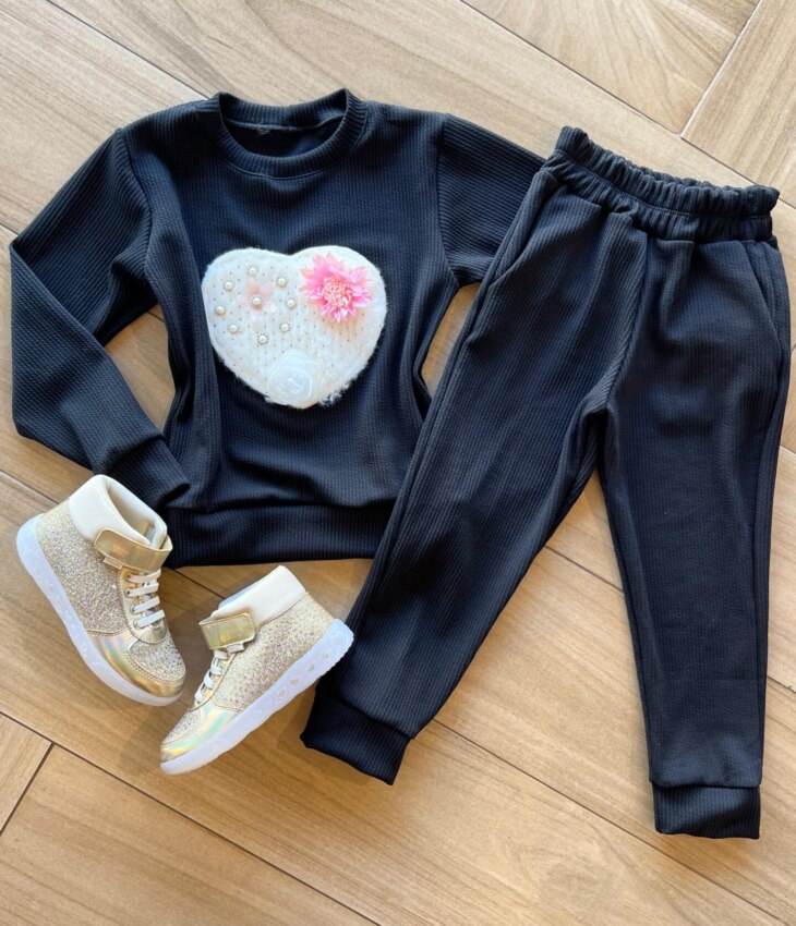 Conjunto Infantil Feminino Canelado Blusa Manga Longa e Calça Preto Fernanda Ramos Kids