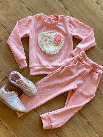 Conjunto Infantil Feminino Canelado Blusa Manga Longa e Calça Rosa Fernanda Ramos Kids