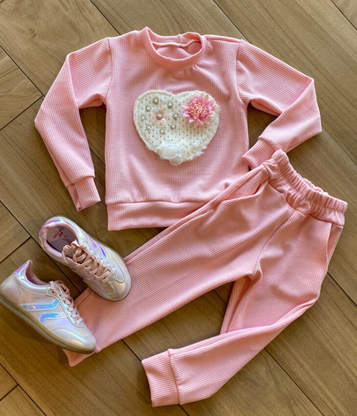 Conjunto Infantil Feminino Canelado Blusa Manga Longa e Calça Rosa Fernanda Ramos Kids