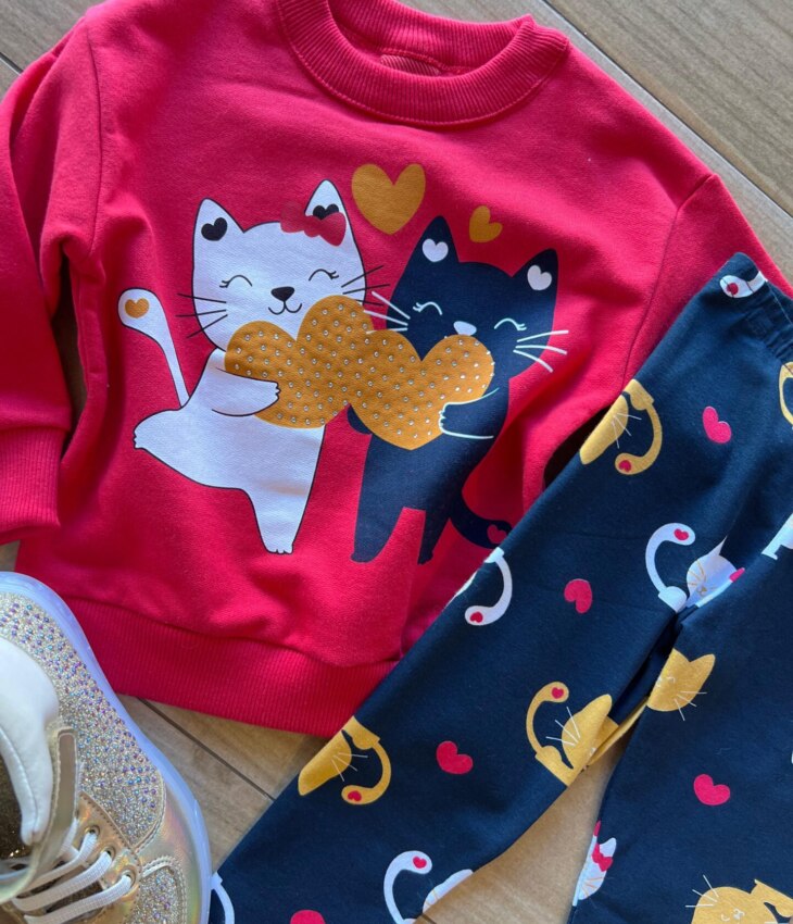 fernandaramoskids com br Conjunto Infantil Feminino Casaco Strass e Legging Estampada Gatos1