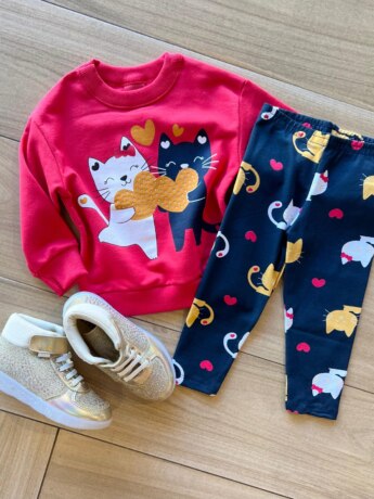 Conjunto Infantil Feminino Casaco Strass e Legging Estampada Gatos Fernanda Ramos Kids