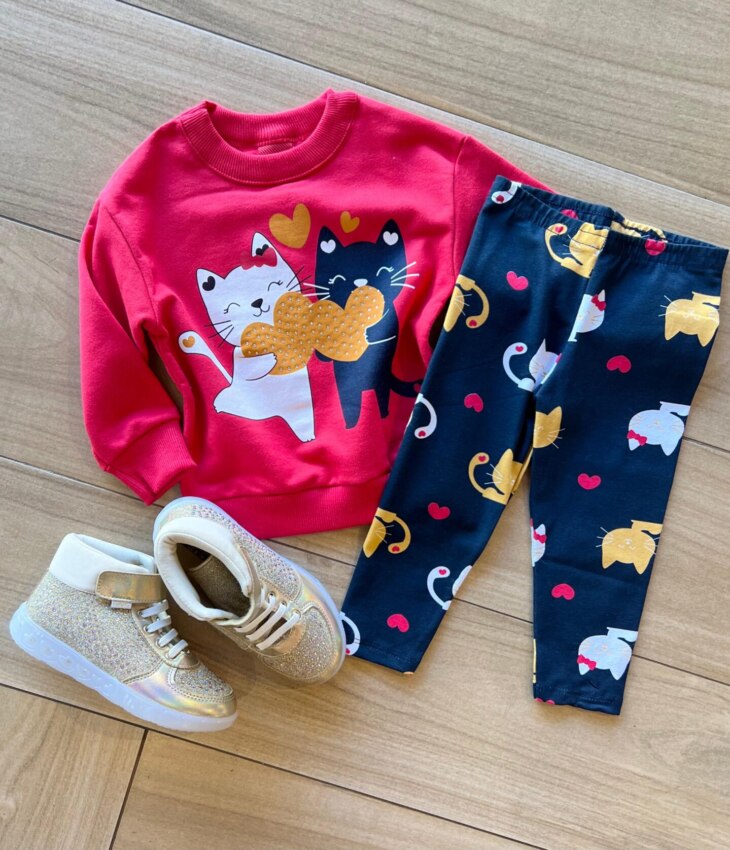 Conjunto Infantil Feminino Casaco Strass e Legging Estampada Gatos Fernanda Ramos Kids