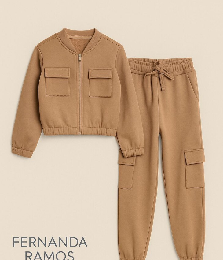 fernandaramoskids com br Conjunto Infantil Feminino Moletom Jaqueta e Calça Cargo Caqui1