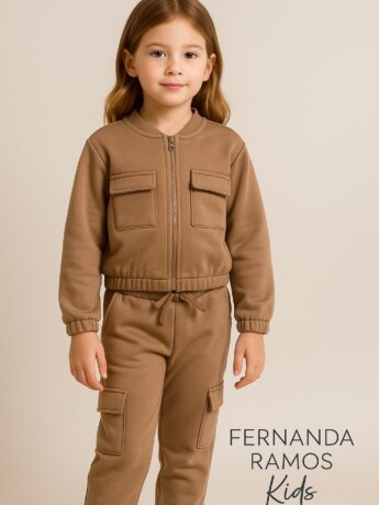 Conjunto Infantil Feminino Moletom Jaqueta e Calça Cargo Caqui Fernanda Ramos Kids