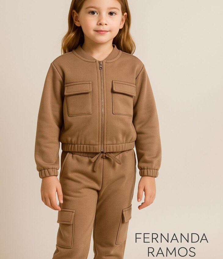 Conjunto Infantil Feminino Moletom Jaqueta e Calça Cargo Caqui Fernanda Ramos Kids