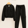 Conjunto Infantil Feminino Moletom Jaqueta e Calça Cargo Preto Fernanda Ramos Kids