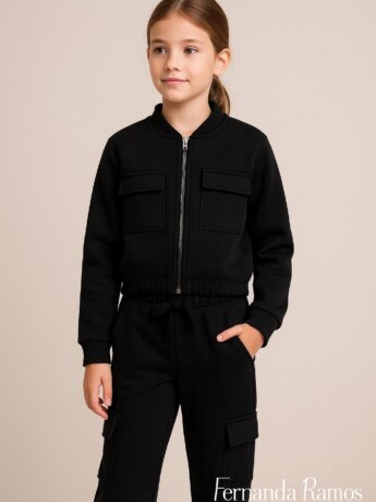 Conjunto Infantil Feminino Moletom Jaqueta e Calça Cargo Preto Fernanda Ramos Kids