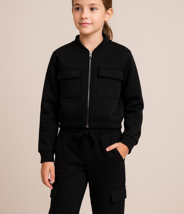 Conjunto Infantil Feminino Moletom Jaqueta e Calça Cargo Preto Fernanda Ramos Kids
