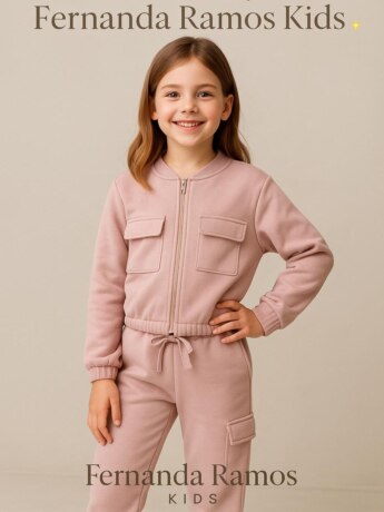Conjunto Infantil Feminino Moletom Jaqueta e Calça Cargo Rose Fernanda Ramos Kids