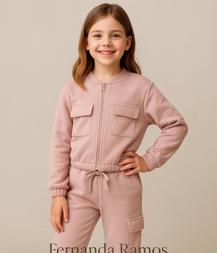 Conjunto Infantil Feminino Moletom Jaqueta e Calça Cargo Rose Fernanda Ramos Kids
