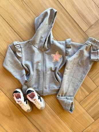 Conjunto Infantil Feminino Moletom Jaqueta Estrelinha e Calça Cinza Fernanda Ramos Kids