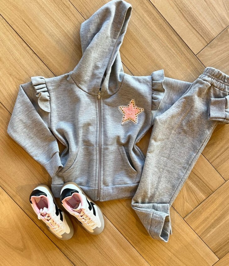 Conjunto Infantil Feminino Moletom Jaqueta Estrelinha e Calça Cinza Fernanda Ramos Kids