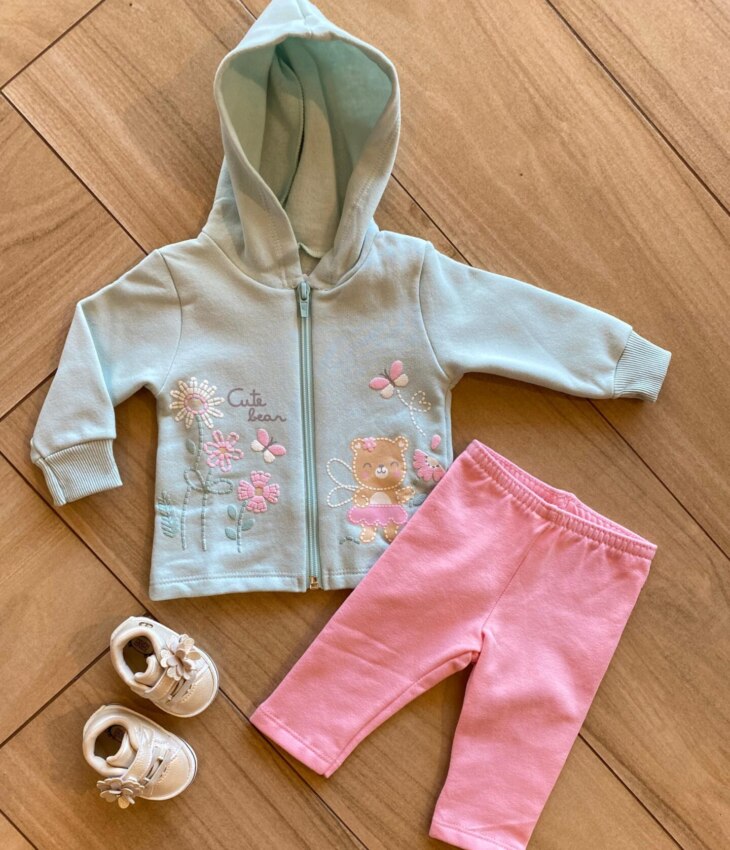 Conjunto Infantil Feminino Moletom Jaqueta Flores e Calça Rosa Fernanda Ramos Kids