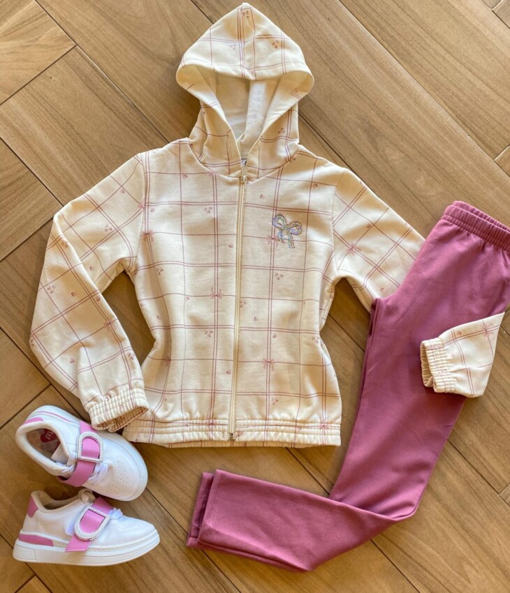 Conjunto Infantil Feminino Moletom Jaqueta Laço Nude e Calça Fernanda Ramos Kids