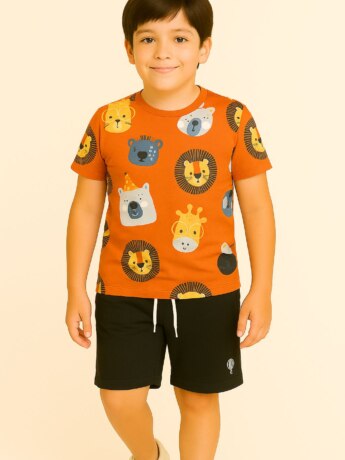 Conjunto Infantil Masculino Blusa Manga Curta e Bermuda Bichinhos Fernanda Ramos Kids