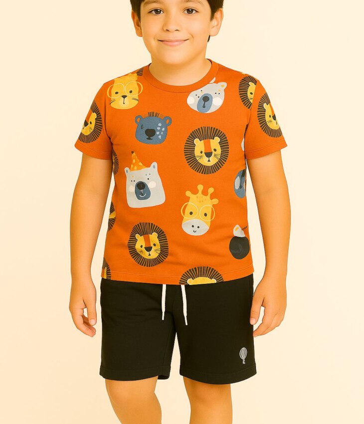 Conjunto Infantil Masculino Blusa Manga Curta e Bermuda Bichinhos Fernanda Ramos Kids